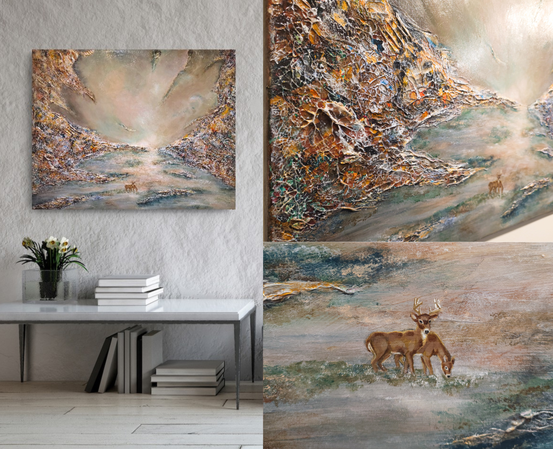 Abstrakt konst för en beige japandi interiör inredning tavla med målning av natur
